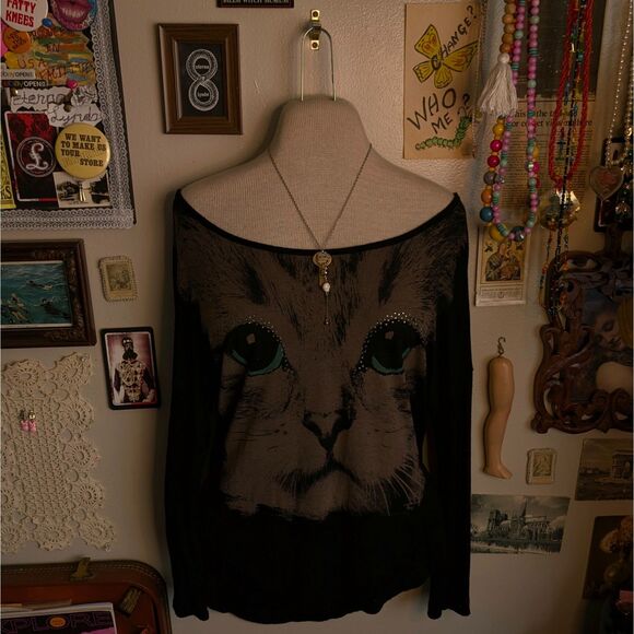 Vintage Kitty Cat Graphic T-Shirt Women's Small/Medium Black Sparkly Y2K - Picture 1 of 8